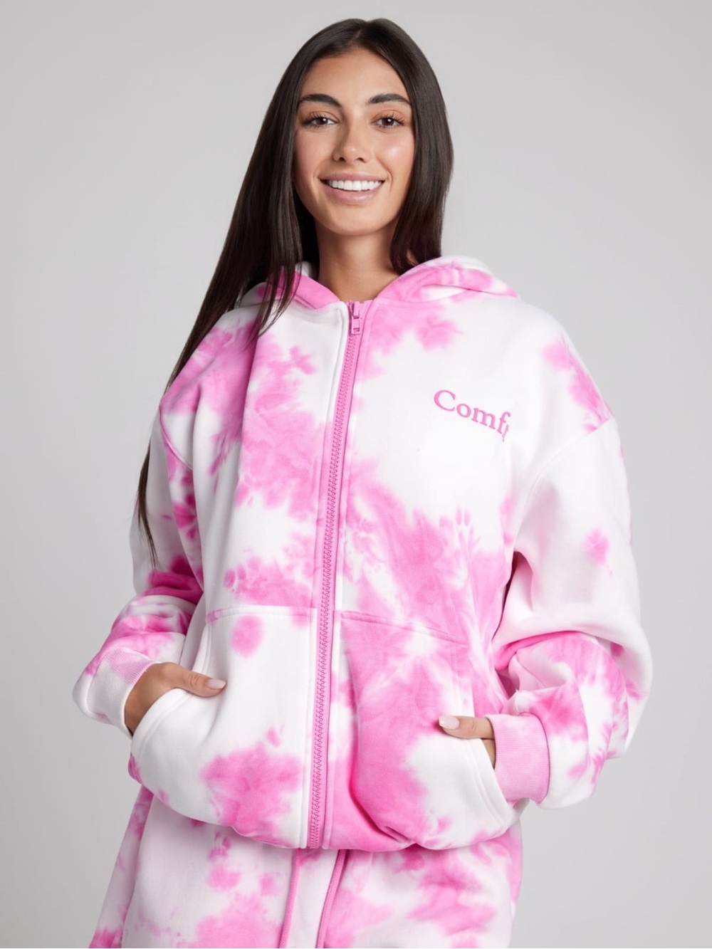 Comfrt Strawberry Swirl Tie Dye Oversized Zip Hoodie Pink White 2XL XXL